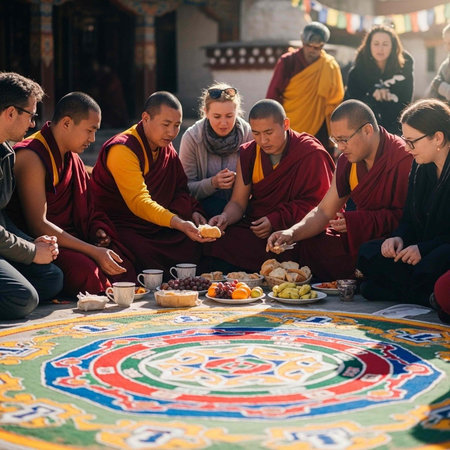 Group of Buddhist monks and followers gathered around a vibrant mandala mat sharing food and teaの写真素材