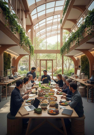 Diverse group of adults gathered around a long table filled with food in a spacious officeの写真素材