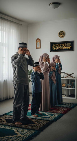 A family of four wearing traditional headwear and clothing standing on a prayer mat indoorsの写真素材