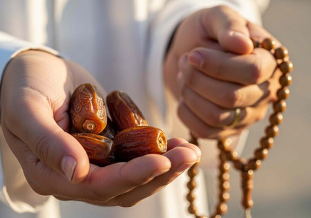 Close-up of hands holding dates and rosary beads, symbolizing fasting and spiritualityの写真素材