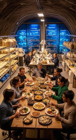 Group of adults sitting around wooden table eating and socializing in dimly lit underground room