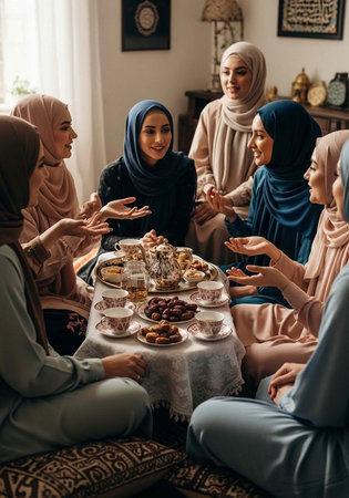 Group of women wearing hijabs sitting around table with food and tea in a cozy roomの写真素材
