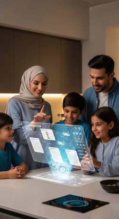 A diverse family of four gathers around a futuristic interactive display at their homeの写真素材