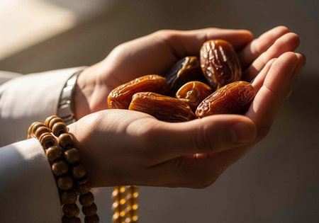 Person's hands cupped together holding several dates with beads and watch visibleの写真素材
