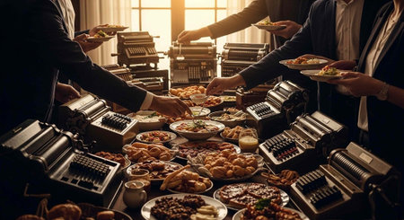 A buffet table filled with diverse food, with people serving themselvesの写真素材
