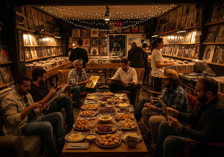 People sit around a table with food, browsing records in a dimly lit store with shelves.の写真素材