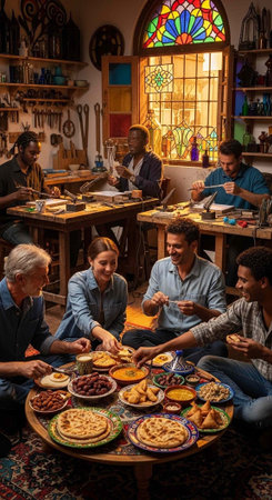 A group of people from different backgrounds sharing a meal and working together in a workshopの写真素材