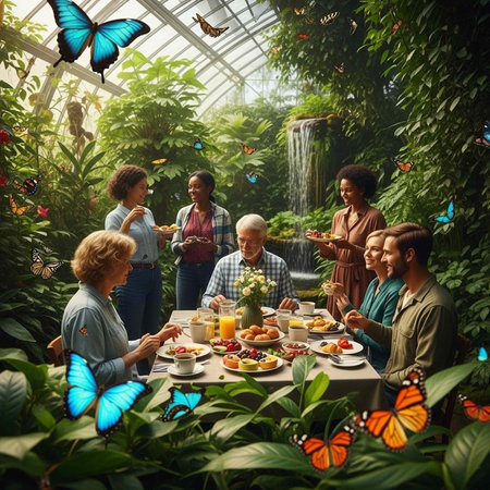 Group of people enjoying a meal together at a table in a beautiful greenhouse settingの写真素材