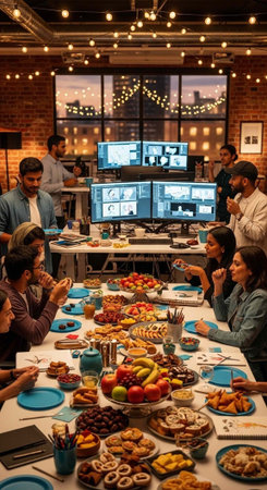 A group of people enjoying a meal together in a modern office space at sunsetの写真素材