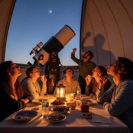 A group of friends gathered around a table looking up at the night sky through a telescope