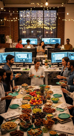 A group of colleagues enjoying a meal together in a modern office spaceの写真素材