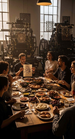 A group of people enjoying a meal together in a large industrial roomの写真素材