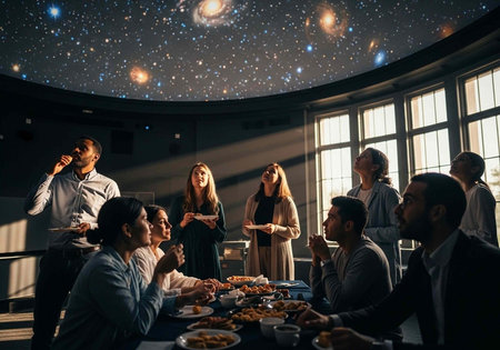 A group of people enjoying a meal together in a modern room with a starry night sky ceiling