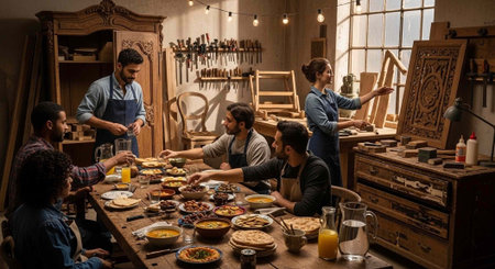 A group of people enjoying a meal together in a woodworking workshopの写真素材