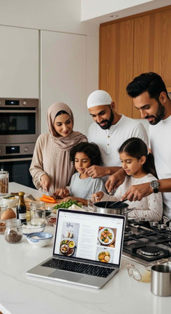 A Muslim family of five cooking together in a modern kitchen with a laptopの写真素材