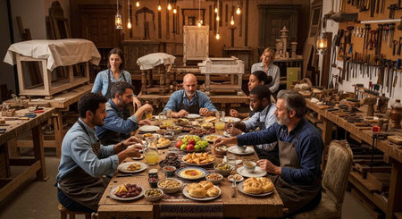 A group of people enjoying a meal together in a rustic workshop settingの写真素材