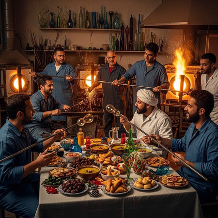 A group of men in a glassblowing studio sharing a meal together around a tableの写真素材