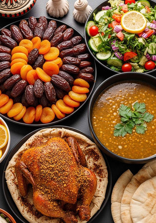 A delicious spread of Middle Eastern food with dates, salad, and roasted chickenの写真素材