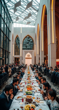 A large group of people sitting at a long table in a spacious dining hall