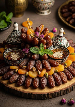 A beautifully arranged platter of dates and nuts with small bowls of spices and herbsの写真素材