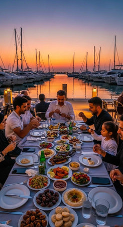 A family enjoys a meal together at a waterfront restaurant during sunsetの写真素材