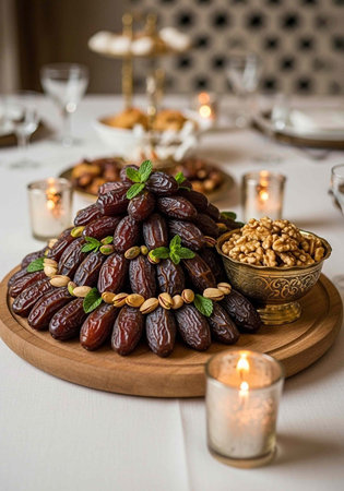 A beautifully arranged platter of dates and nuts on a wooden board at a dinner tableの写真素材