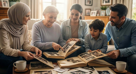 A diverse family of five people sitting together and looking at old photo albumsの写真素材