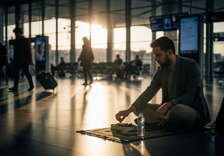 A man sits on the floor of an airport terminal during sunset with a prayer matの写真素材