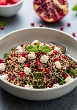 A delicious quinoa salad with feta cheese, pomegranate, and fresh mint leaves in a white bowlの写真素材