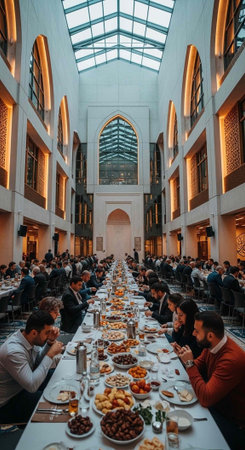 A large group of people gathered for a meal in a spacious interior dining hallの写真素材
