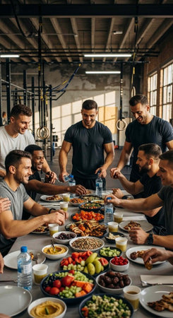 A group of men enjoying a meal together in a modern industrial settingの写真素材