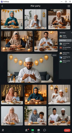 A group of people in a video call celebrating iftar together with food and lightsの写真素材