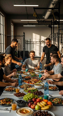 A group of friends enjoying a meal together in a modern gym cafeteriaの写真素材