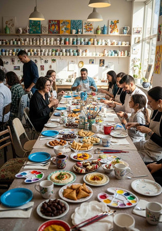 A group of people sitting around a long table filled with food and paintの写真素材