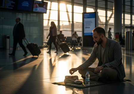 A man sits on the floor of an airport terminal eating a mealの写真素材