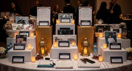 A silent auction display with multiple items on pedestals and tables at an event