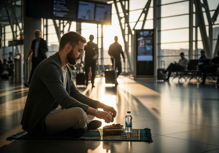 A man sitting on the floor of an airport terminal eating a mealの写真素材