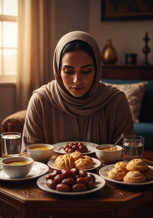 A woman wearing a hijab sitting at a table with various plates of food and drinksの写真素材