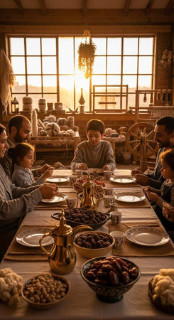 A family gathers around a table filled with food during a warm sunset dinnerの写真素材