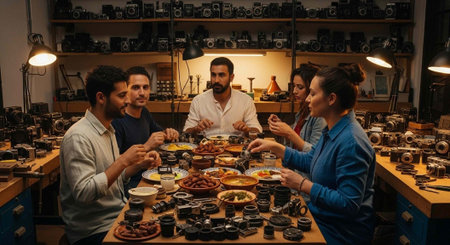 Five individuals sitting around a table with camera lenses and tools in a workshop settingの写真素材