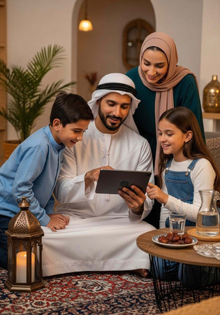A Middle Eastern family gathered together in a cozy living room with a tabletの写真素材