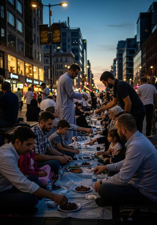 A group of people sitting on the street and eating food together at duskの写真素材