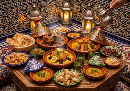 A vibrant spread of traditional Moroccan cuisine on a beautifully decorated tableの写真素材