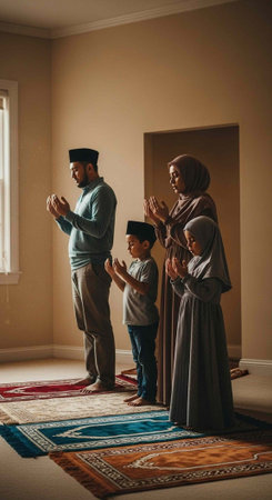 A family of four wearing traditional clothing and headscarves pray together on colorful rugs indoorsの写真素材