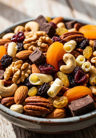 A bowl of trail mix with nuts, dried fruits, and chocolate on a wooden table