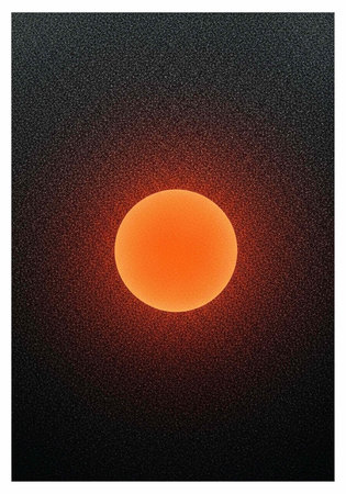 A vibrant orange sun sets in a dark sky with a serene atmosphere