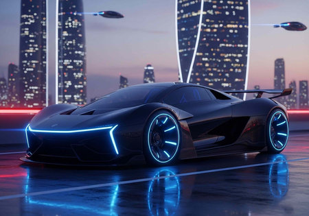 A sleek black sports car with neon lights parked in a futuristic cityscape at dusk