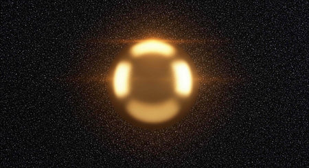 A bright glowing light in the dark space with stars around it