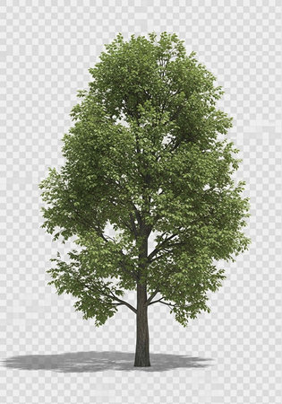 A large tree with green leaves stands alone on a transparent background
