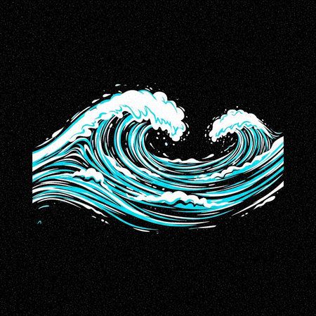 A stylized illustration of a large wave with white and blue hues on a black background